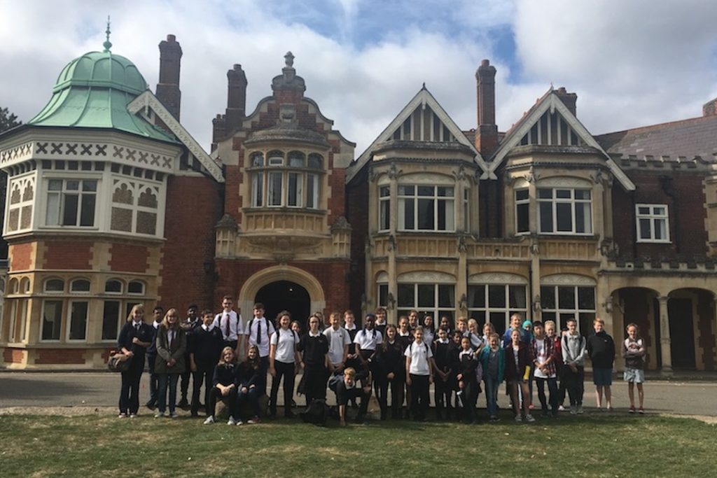 Students in front of the mansion at Bletchley Park.
